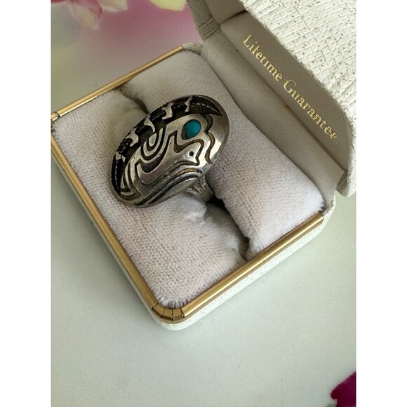 Vintage 60s Navajo Ring Sterling Turquoise Fetish Animals Birds Bears Size 7.25 - Picture 2 of 11